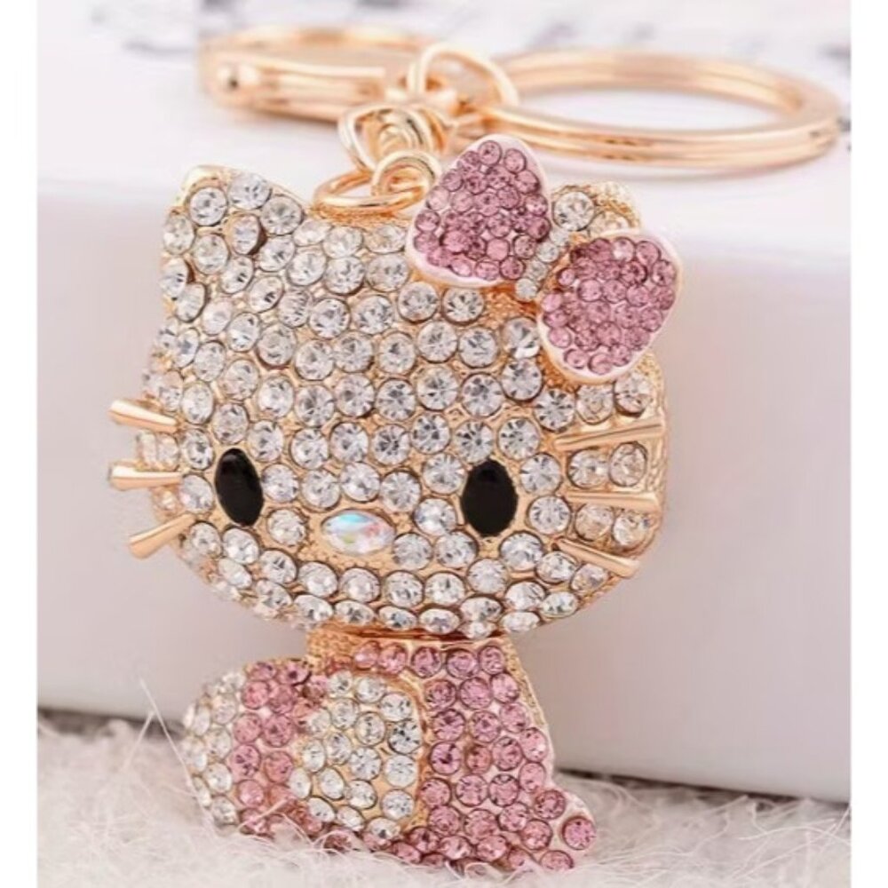 Hello Kitty Rhinestone Key Chain Bling Bag Charm Pink +Gold Purse Fob Head Moves